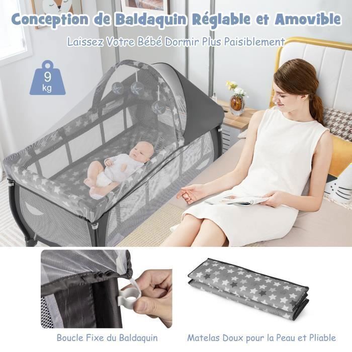 COSTWAY Lit Parapluie Bébé Pliant 5 en 1 avec Matelas,Jouets Suspendus,Boîte à Musique, Auvent Amovible 2 Roues 0-3 Ans 15KG Gris