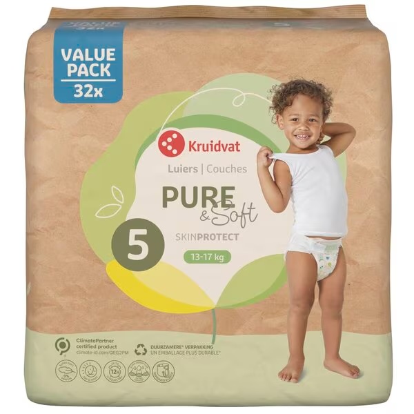 Plenice Kruidvat Pure & Soft, velikost 5, srednje pakiranje, velikost 5 (10–16 kg), 32 kosov