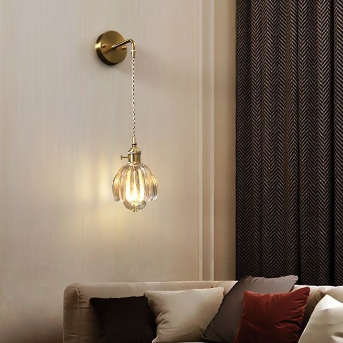 DLGLOLIN Applique Murale en Verre Transparent Vintage avec Fil, Lampe Murale Forme de Fleur Tulipe E27 Luminaire pour Chambre Salon