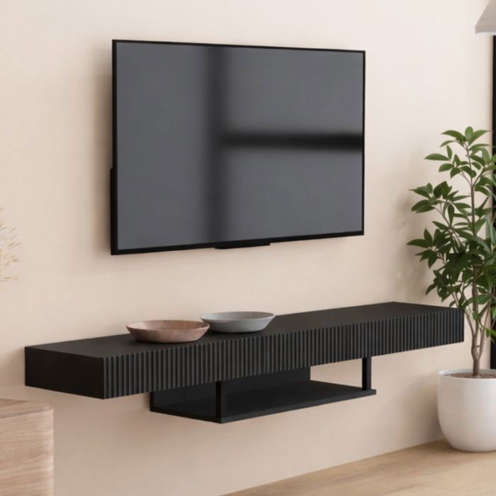 Meuble TV Suspendu 150cm RENZO Noir Mat - Façades Relief 3D Strié - Tiroir Central et Niche Multimédia - Design Mural Industriel