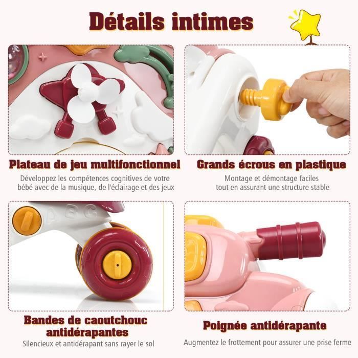 Andador, vehículo y panel de juguetes parlantes 3 en 1 de COSTWAY con luz y música, actividades de aprendizaje temprano, de 6 a 36 meses, color rosa.