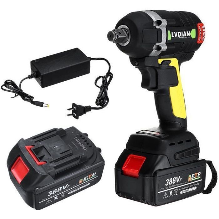 Llave de impacto, destornillador inalámbrico, 630 Nm, sin escobillas + 2 baterías 388VF 19800 mAh, color negro + amarillo