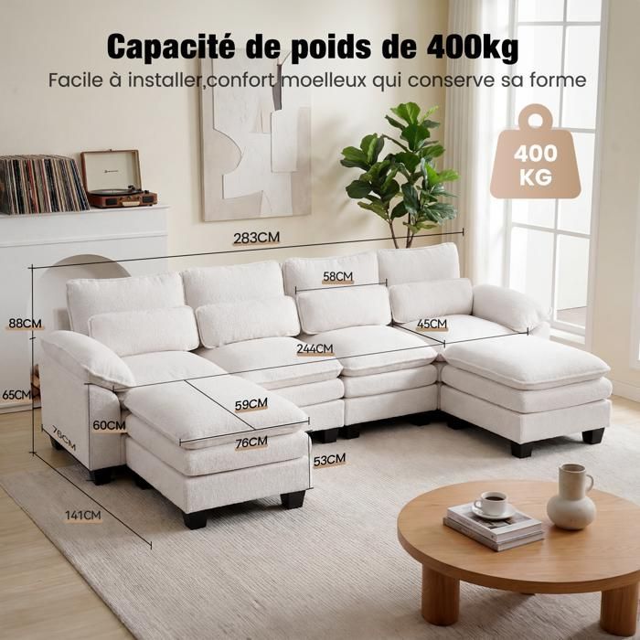 Divano angolare modulare a forma di U extra-large, cuscino di seduta a doppio strato soffice, 2 pouf rimovibili, tessuto in velluto beige effetto orsacchiotto.