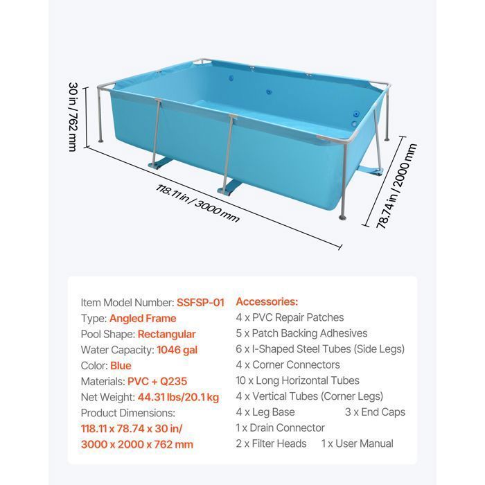 Rectangular Above Ground Pool - DUOKU - 3 x 2 x 0.76 m - Steel Frame - 3959 L Capacity - Blue