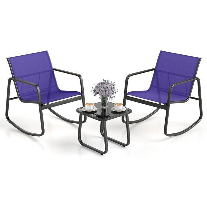 Conjunto de mesa y sillas de jardín COSTWAY de 3 piezas, mesa de vidrio templado, mecedoras de 2 plazas, para balcón, patio, piscina, azul