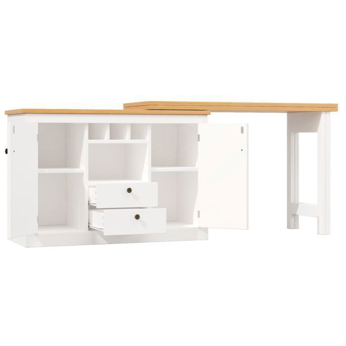 Îlot de Cuisine Extensible 120-180 cm  Blanc avec Rangement et Porte-Bouteilles, Table de Repas Pivotante 360°, Table Haute
