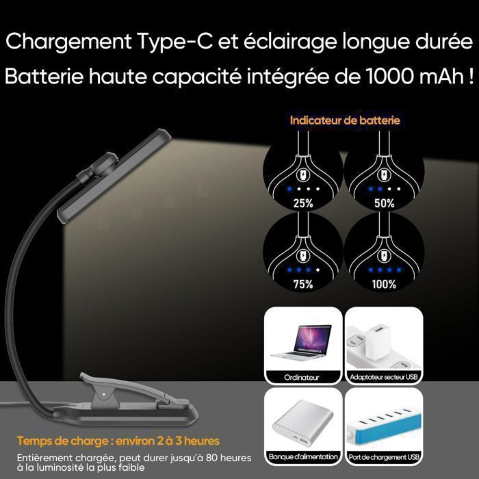 Lampe de Lecture, 24 LED Liseuse Clip Rechargeable, 3 Couleurs & 5 Luminosité, 360° Cou Flexible, Portable pour Lire au Lit, Noir