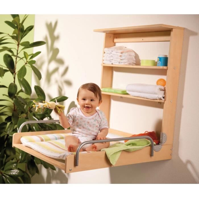 Cambiador plegable de pared ROBA DSCHUNGELBABY - Colchón a rayas multicolor incluido - 2 estantes integrados - Madera natural