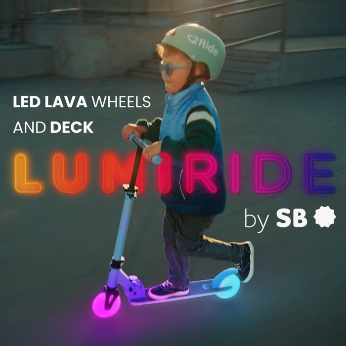 Patinete infantil LUMI RIDE - 2 ruedas, 7 colores LED, 20 programas - A partir de 3 años, 50 kg, plegable, ajustable - Azul
