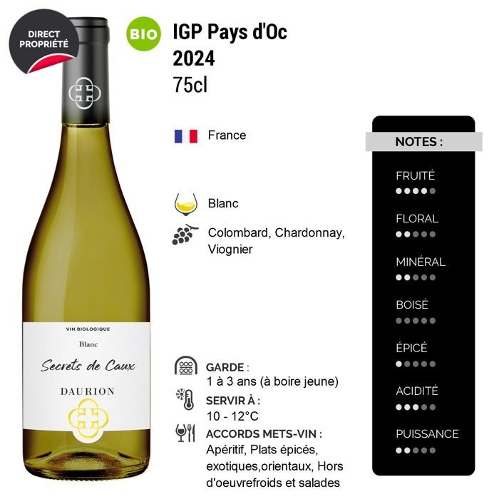 Daurion Pays d'Oc Les Secrets de Caux 2024 - Vin Blanc du Languedoc - Roussillon (6x75cl) BIO