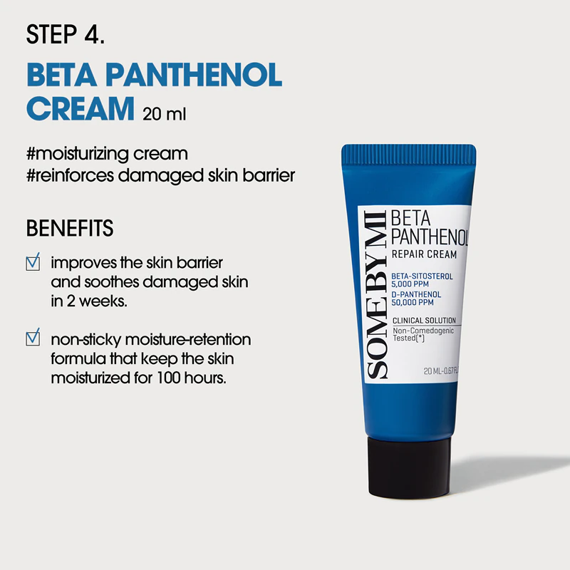 Kit Inicial de Reparação com Beta-Pantenol da Some By Mi acalma e fortalece a pele sensível.