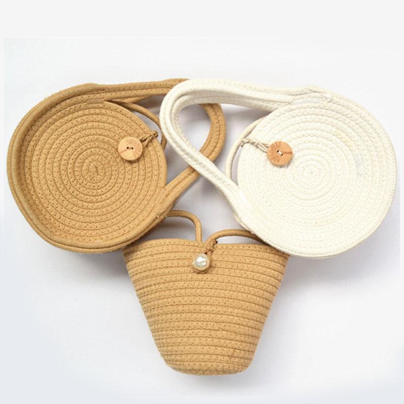 Sac à main rond en paille avec boucle perle, sac de plage pour femme, sac seau portable en tissu tissé, sac bandoulière
