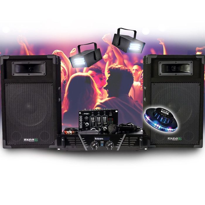 COMPLETE SOUND SYSTEM Disco 480W IBIZA SOUND DJ300 Amplifier - Mixer - Speakers - Microphone, UFO LED Strobe Lighting Package