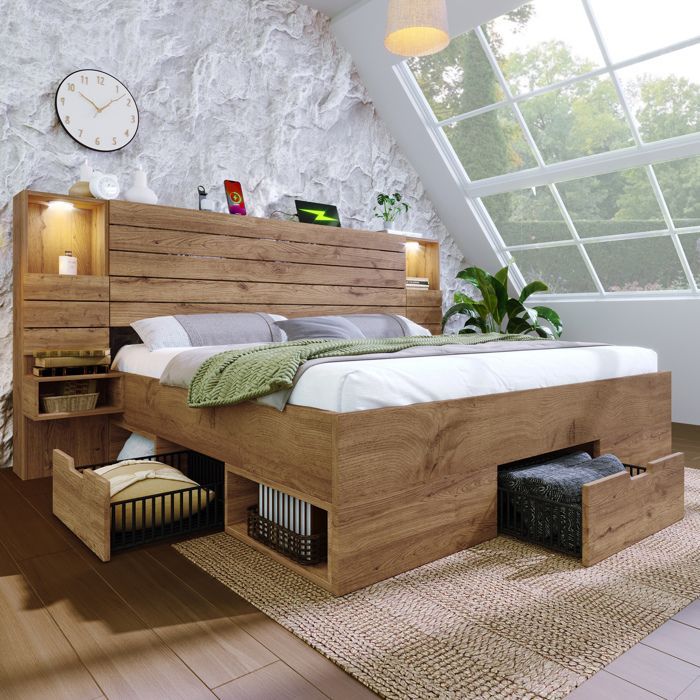 Upholstered Double Bed 180x200 cm with LED Lighting, 3 Storage Drawers, Floating Bedside Tables and USB Ports - Oak Effect