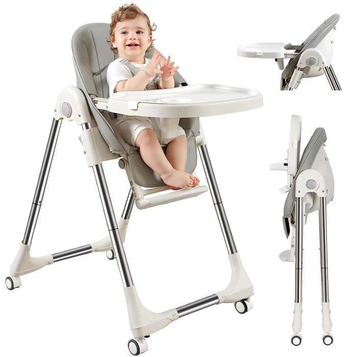 Trona plegable convertible para bebé - Altura ajustable - Bandeja extraíble - 4 ruedas giratorias - Asiento cómodo