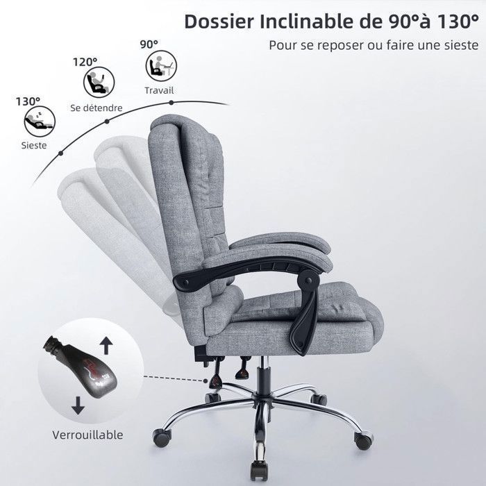Chaise de bureau BIGZZIA, Fauteuil avec Large Assise rembourrée, Siège Ergonomique en tissu lin, Hauteur Réglable 10 cm, Gris