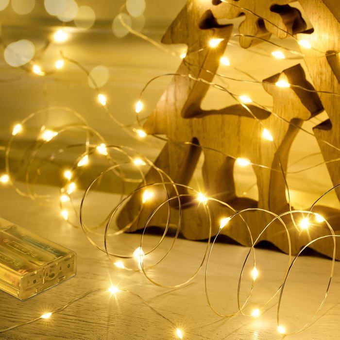 Battery-operated string lights, 10m, 100 LEDs, for indoor and outdoor use, copper wire, small Christmas lights (warm white)