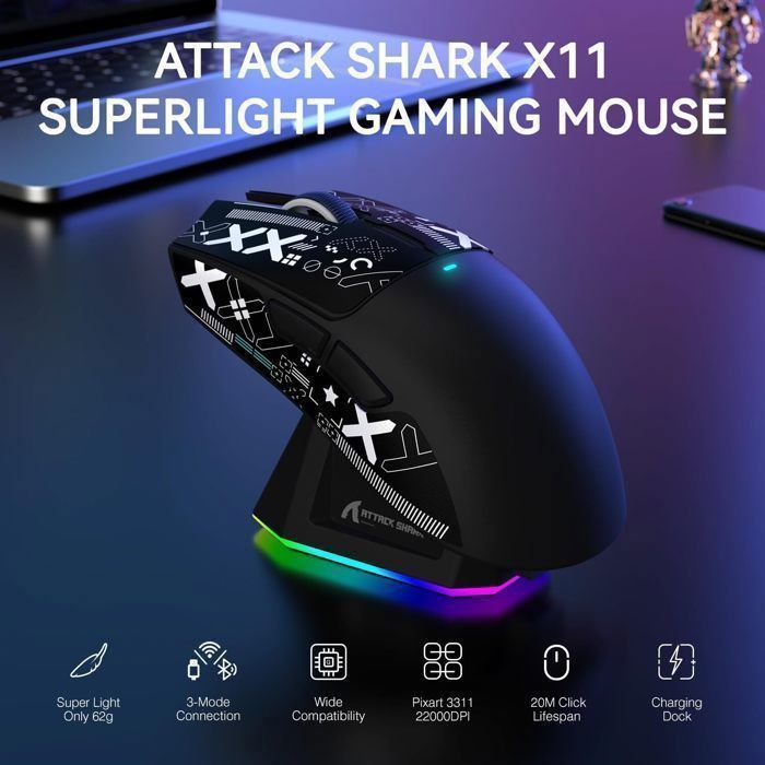 Attack Shark X11 Souris de jeu sans fil avec poignées pour PC/Mac Noir