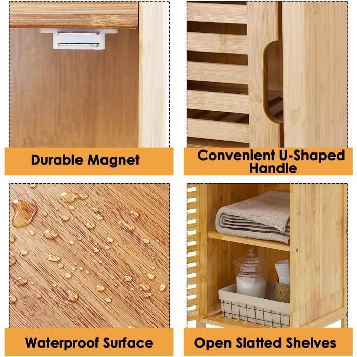 SogesHome Meuble de salle de bain  en bambou avec portes et rangement ouvert pour salle de bain, salon, cuisine, 36 x 32,5 x 85 cm