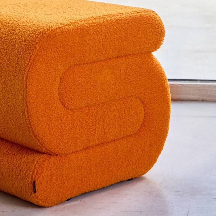 Sasha designer stool/pouf with orange bouclé upholstery, 1 seater, W 43 x D 47 x H 44cm