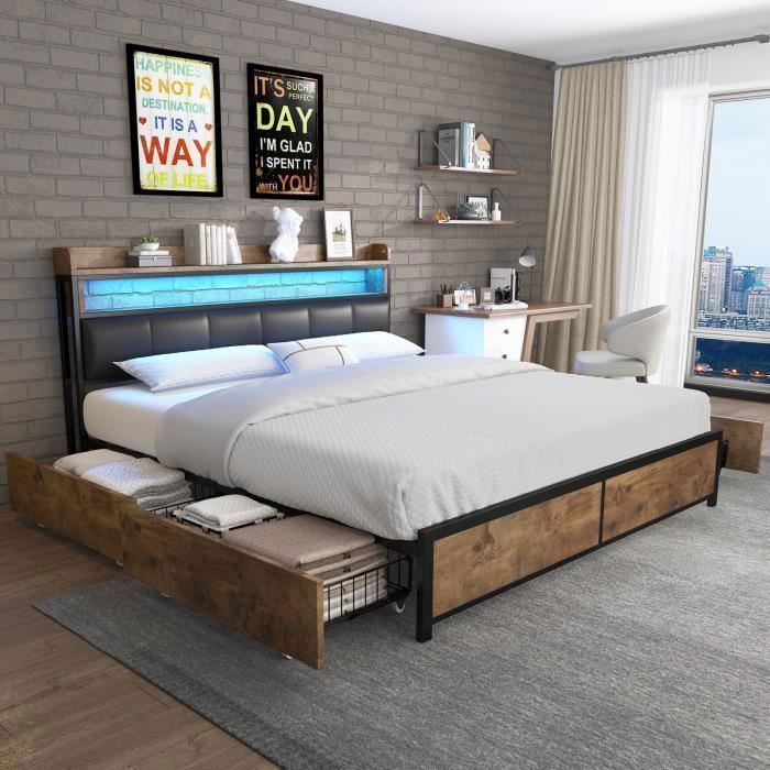 Cama doble de 180x200 cm - PERGAR - Cajones de almacenamiento - Iluminación LED - Cabecero tapizado