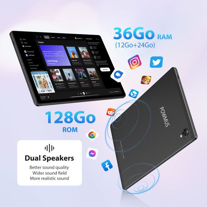 POWMUS 10,1 inch touchscreen tablet, Android 14, 36 GB + 128 GB, 1920*1200, octa-core, 4G LTE/5 GHz wifi, 8000 mAh batterij, inclusief toetsenbord en muis, zwart