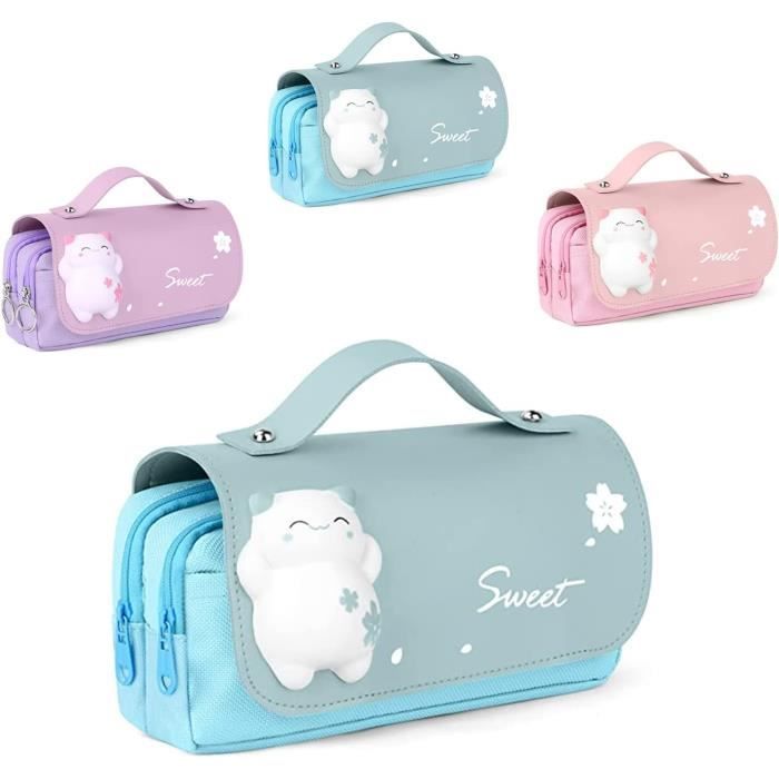 School Pencil Case with Handle, Portable Pencil Bag for Girls and Boys, Double Layer Pencil Bag, School Pouch (Blue)