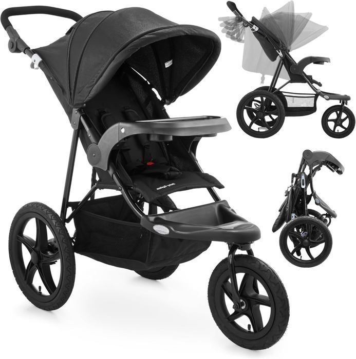 Moby-System Poussette 3 Roues, Pliable jusqu'à 15 kg, Tourne Facilement, Bandes Réfléchissantes, Ceinture à 5 Points- Noir