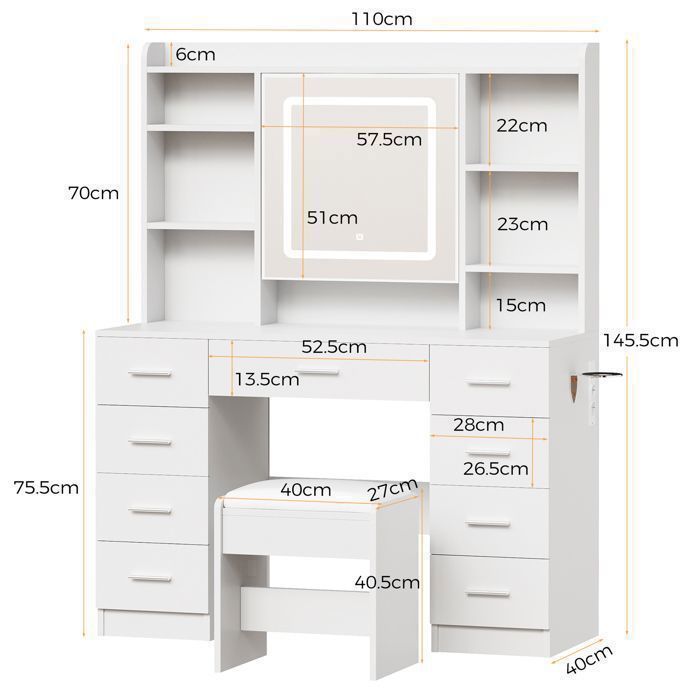 BEWISHOME Coiffeuse avec Tabouret et Miroir de Porte, 2 Port USB et 2 Prise, 9 Tiroirs de Rangement, Blanc, 110×40×145cm