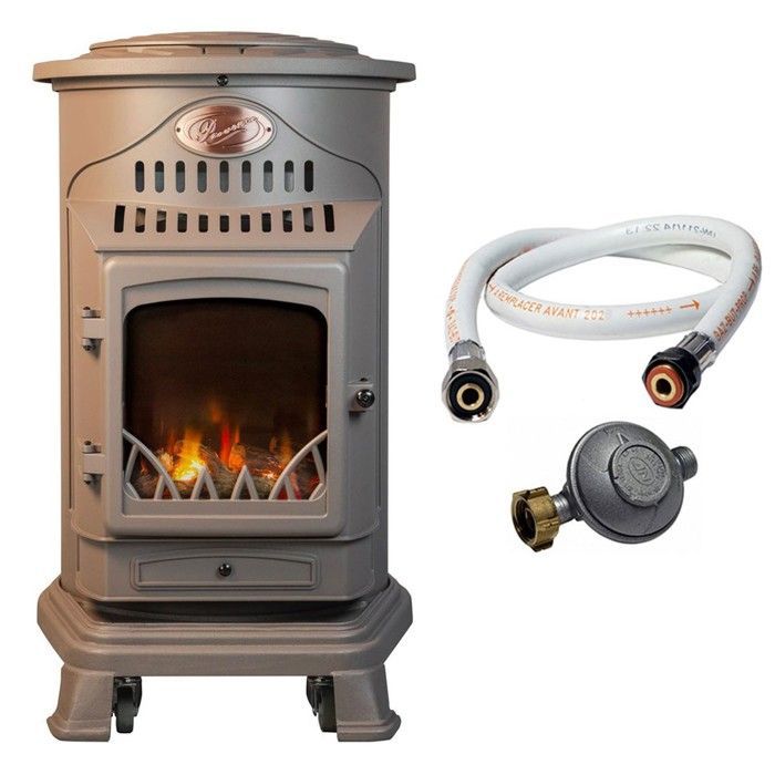 Poele à gaz 3,4 KW MARRON Effet poêle à bois Fonte véritable + Tuyau gaz + détendeur butane Provence UNIVERSAL
