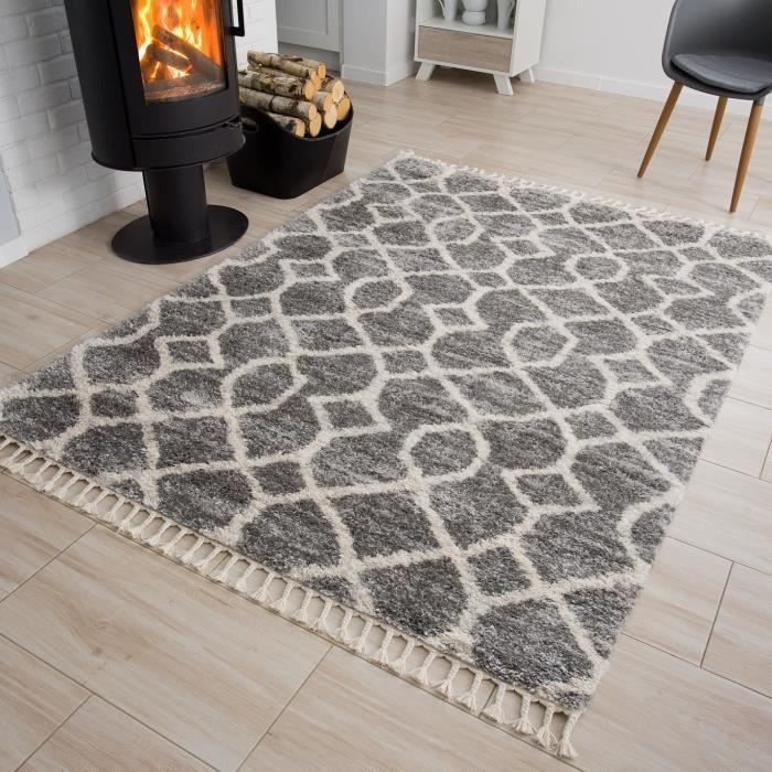 TAPISO Tapis Salon Poils Longs VERSAY Gris Foncé Crème Berbère Polypropylène Intérieur 200x300 cm