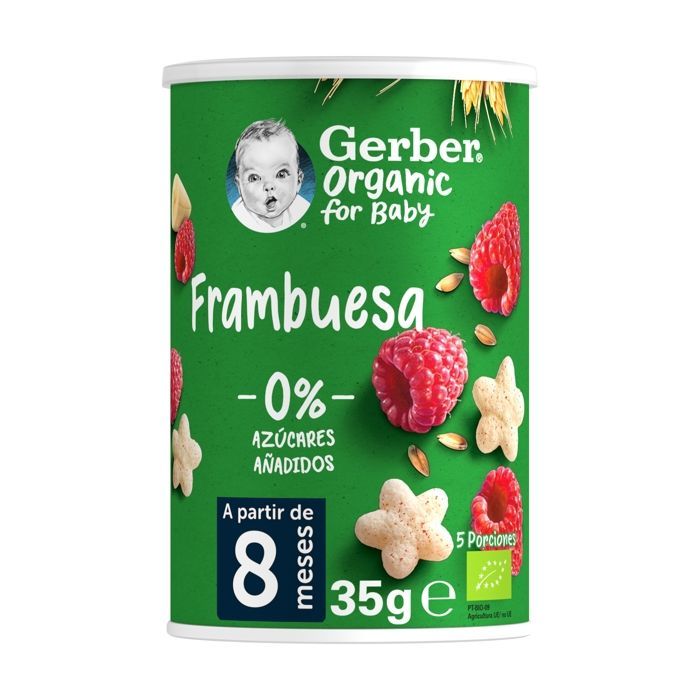 GERBER BIOLOGICO - Snack per neonati, cereali e bignè alla crema di lampone +8 mesi 35 g