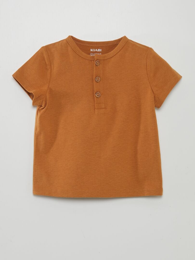 Effen T-shirt met knoopsluiting in de nek - ORANJE