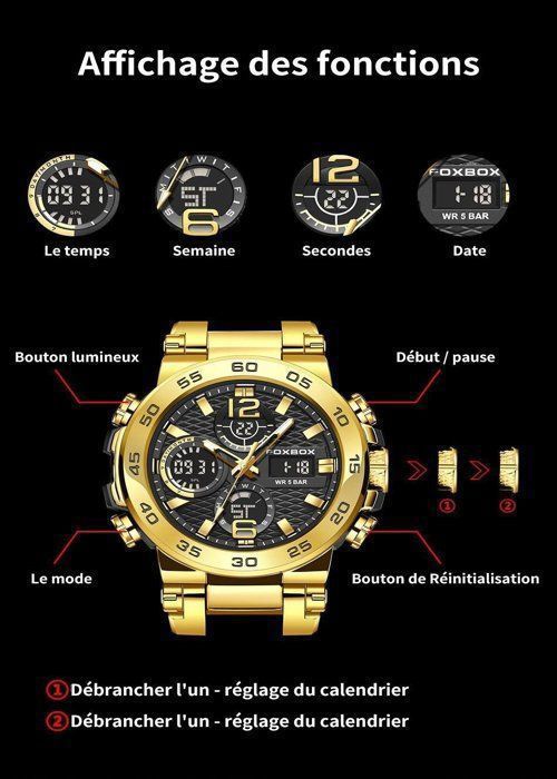Reloj de hombre - Reloj deportivo para hombre - Luminoso - Reloj ligero e impermeable para hombre, ideal para deportes y ocio - (Negro y dorado)