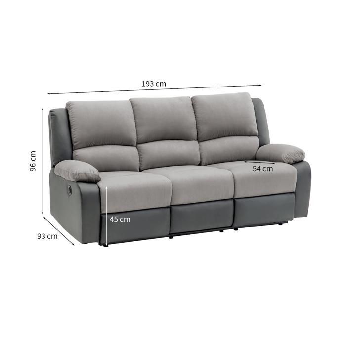 Sofá reclinable eléctrico LEO de 3 plazas en microfibra y piel sintética - Negro y gris - 193 x 93 x 96 cm - LOUNGITUDE