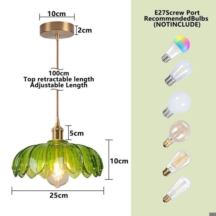 iDEGU Lustre Vintage Vert,Lampe de Plafond Vintage Abat-jour en Verre Design Fleurs E27 Suspension Luminaire Style Nordique,25cm