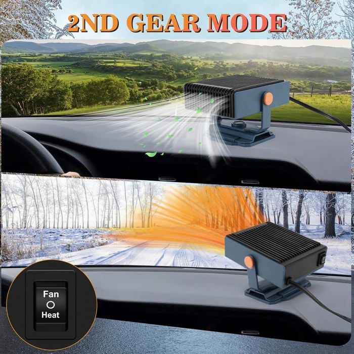 Aquecedor de carro 12V - HAWUJ - 150W, desembaçador 360°, 2 em 1, cabo de 1,5m - para autocaravanas