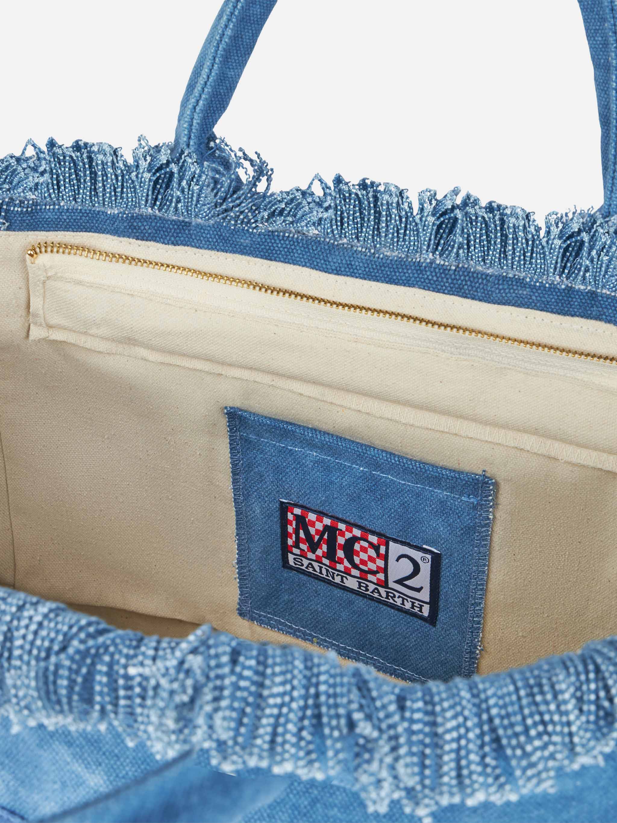 Vanity katoenen canvas draagtas met franjes - denim met Saint Barth-logopatch en ritsvak | MC2 Saint Barth