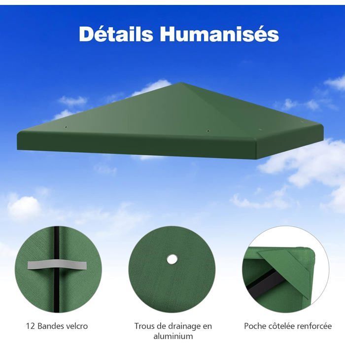 Toldo de repuesto COSTWAY para cenador, 3 m x 3 m, poliéster impermeable con orificios de drenaje y cierres de velcro, color verde.