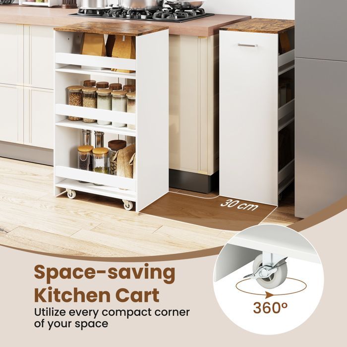 GIANTEX Narrow Kitchen Trolley with Wheels and Brakes - 4-Tier Serving Cart with Handle - 47.5x30x80.5cm - White + Brown