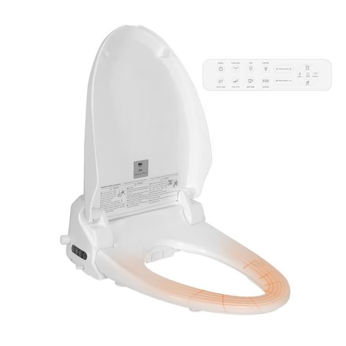 Asiento de inodoro inteligente con boquilla, pantalla LCD, temperatura ajustable, secado con calor y tapa de inodoro blanca.