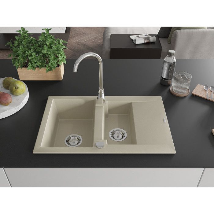 Lavello in granito Mexen Gaspar a 1 vasca e mezza con gocciolatoio corto, 737 x 475 mm, beige - 6507731505-69
