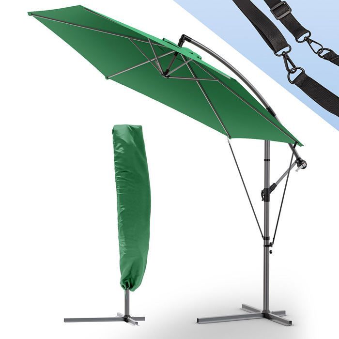 VOUNOT® Parasol déporté inclinable avec sangle de fixation 3M Vert - Rotatif 360° - Inclinaison réglable - Housse de protection