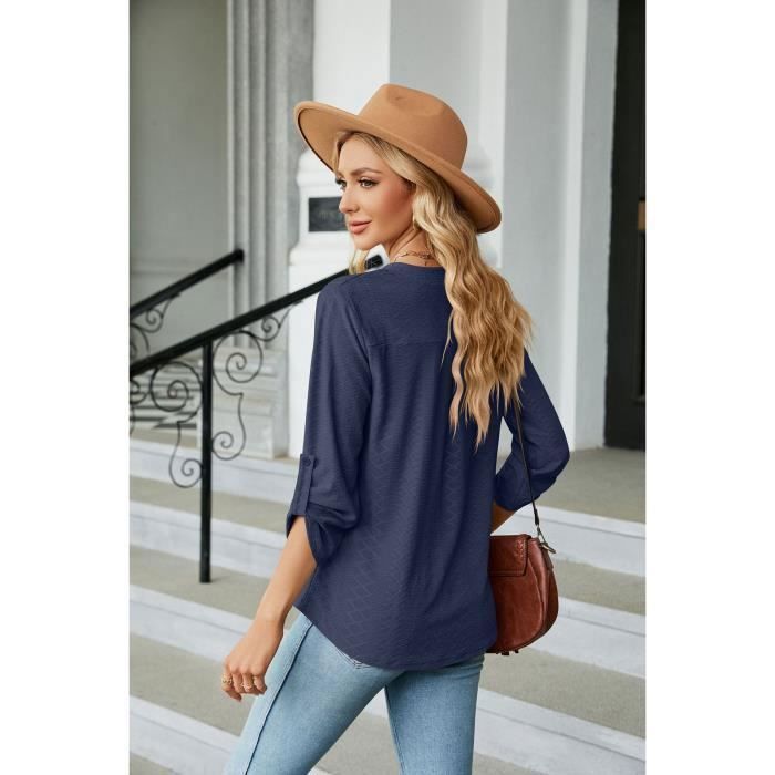 Top de mujer holgado informal con cuello en V y manga tres cuartos, color liso, ideal para primavera y otoño - Talla europea - Azul