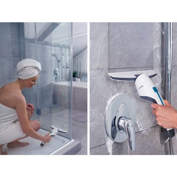 Aspirateur à vitres et salle de bains Leifheit Nemo 51035, lave vitres électrique avec boîtier étanche et support mural, blanc
