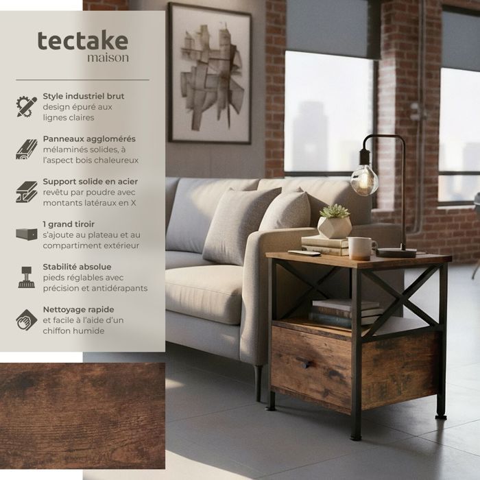 Table de chevet - TECTAKE - Chevet FALKIRK avec 2 étagères et tiroir en bois et acier 40 x 41,5 x 55,5 cm - Bois foncé