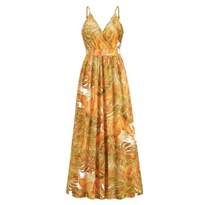 Robe Femme Boheme Bretelles Longue Col V Robe Imprimé Ete de Plage Sans Manches Confortable - Jaune