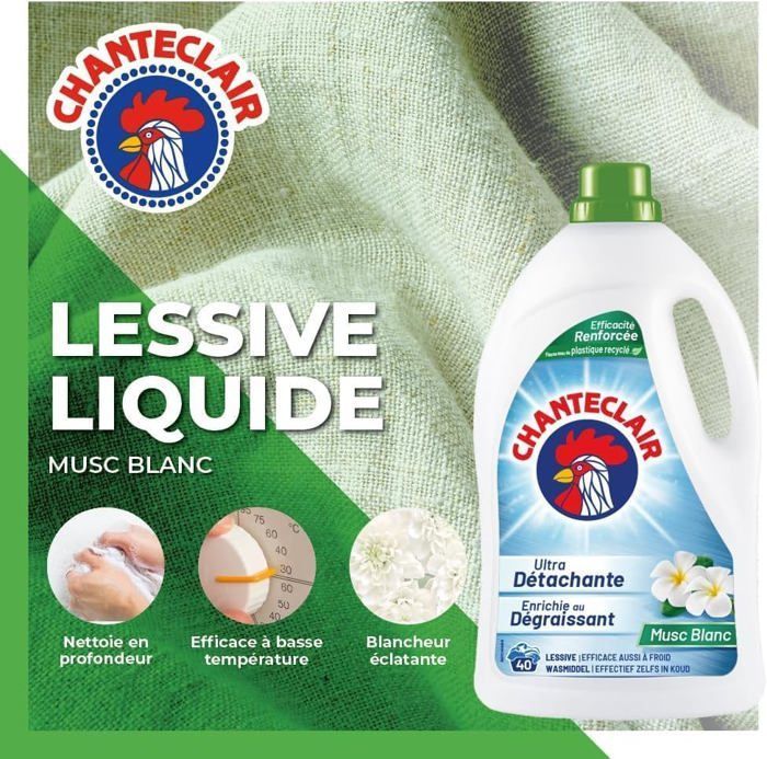 Lessive Liquide Concentrées Musc Blanc,Enrichie au Dégraissant,Ultra Détachantes et Efficaces aussi à Froid,40 lavages-1800 ml x 3