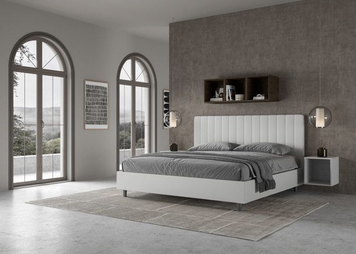 Lit king size coffre - Ityhome - Agueda - Similicuir blanc - 200x210 cm - Tête de lit rembourrée