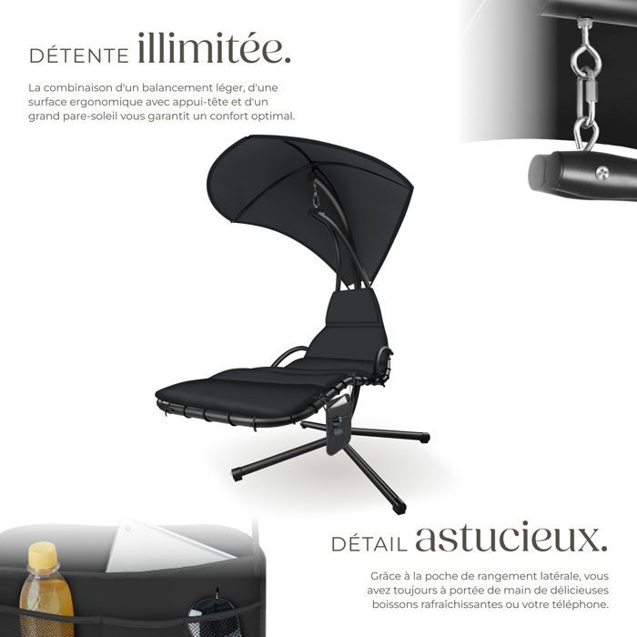 Silla colgante - TECTAKE - Asiento ELARIA con protección UV y bolsillo lateral resistente - Negro